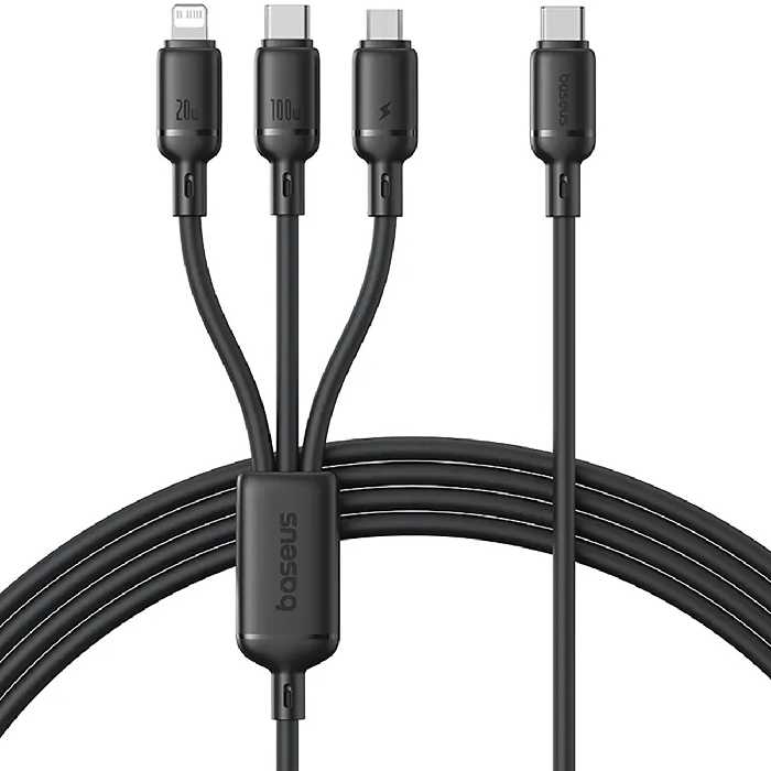 کابل شارژ چندکاره سه سر تایپ‌سی به تایپ سی، لایتنینگ و میکرو یو‌اس‌بی 100 وات 5 آمپر 1.5 متری بیسوس CB000166
