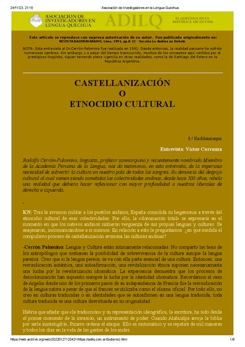خرید و دانلود نسخه کامل کتاب Castellanización o etnocidio cultural. Entrevista a Rodolfo Cerrón-Palomino [1991]