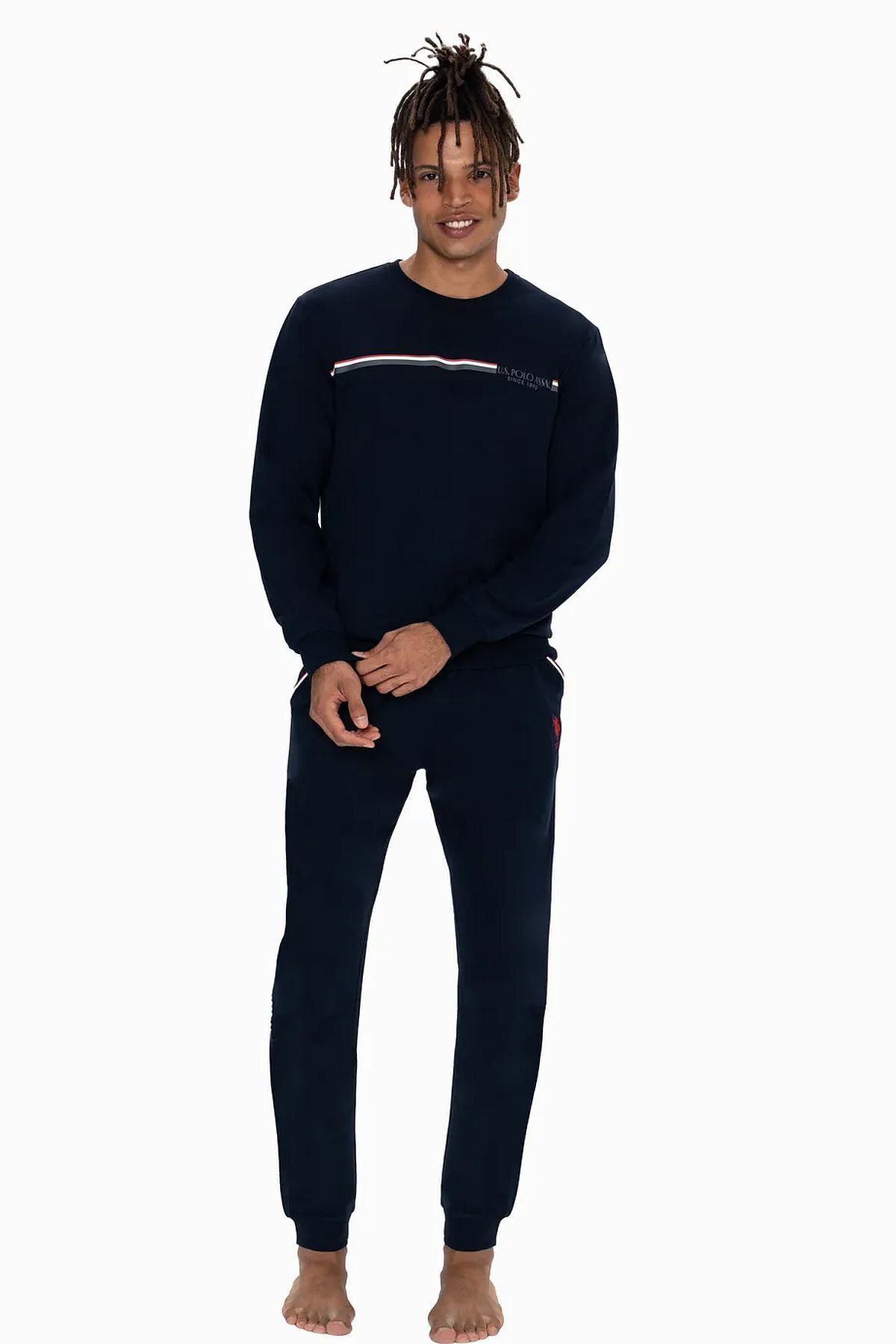 ست پیژامه آبی مردانه US POLO ASSN آستین بلند یقه لباس خانه روزمره رنگ US Polo Assn