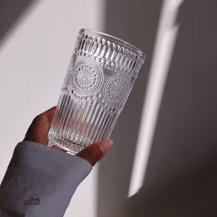لیوان بلند طرح برجسته شفاف طرح زارا