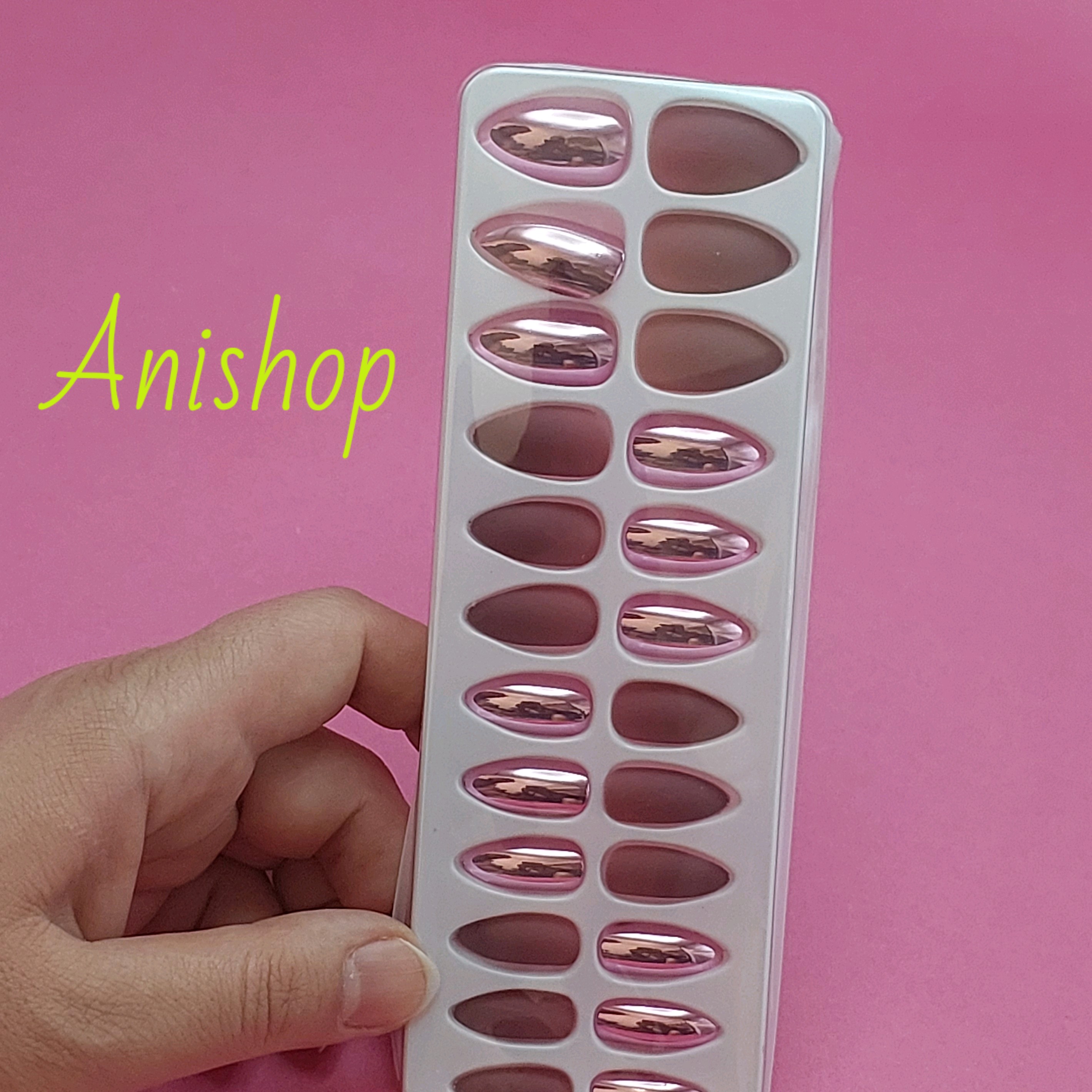 ناخن مصنوعی ترکیبی ( آیینه ای و مات ) برند NAIL وارداتی رنگ صورتی با چسب مخصوص بسته 24 عددی جدید وارداتی