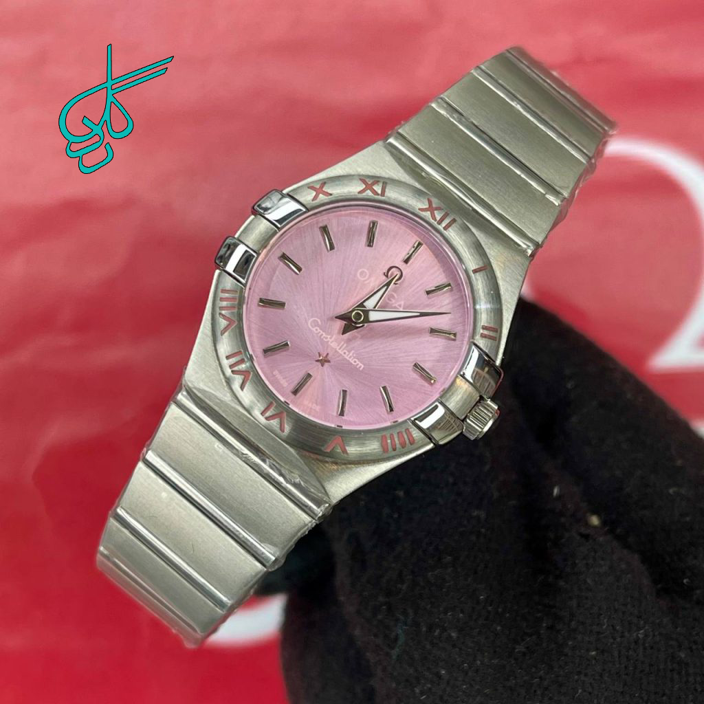 خرید ساعت زنانه امگا کانسیلیشن منتهن تک موتوره کوارتز ساخت کشور سوییس بالاترین کیفیت شرکتی A   شیشه مینرال استیل رنگ ثابت صفحه صورتی کد 1919959 - ردگل