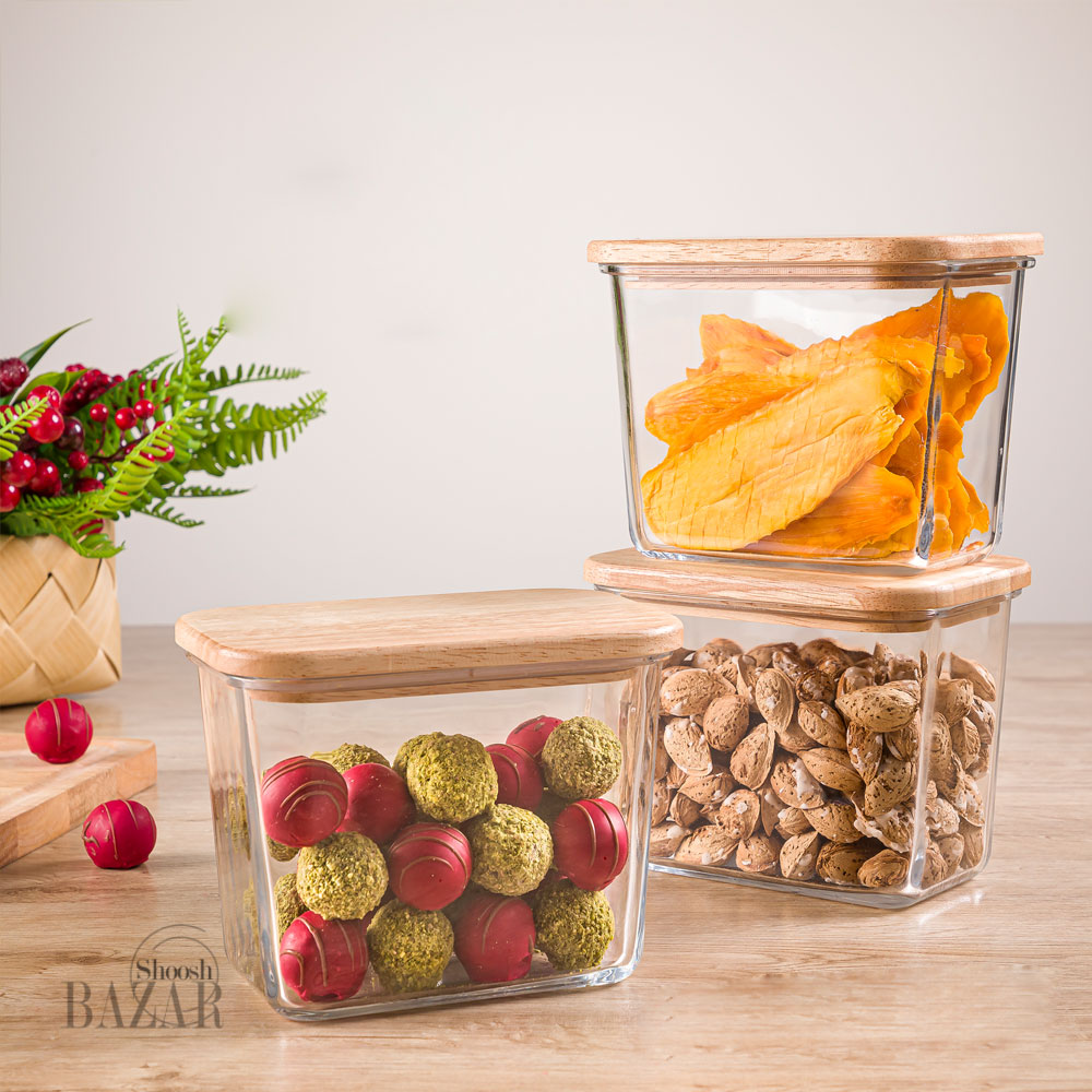 ظرف شیشه ای مستطیل 920 میلی لیتر درب چوبی لیمون کد 2188