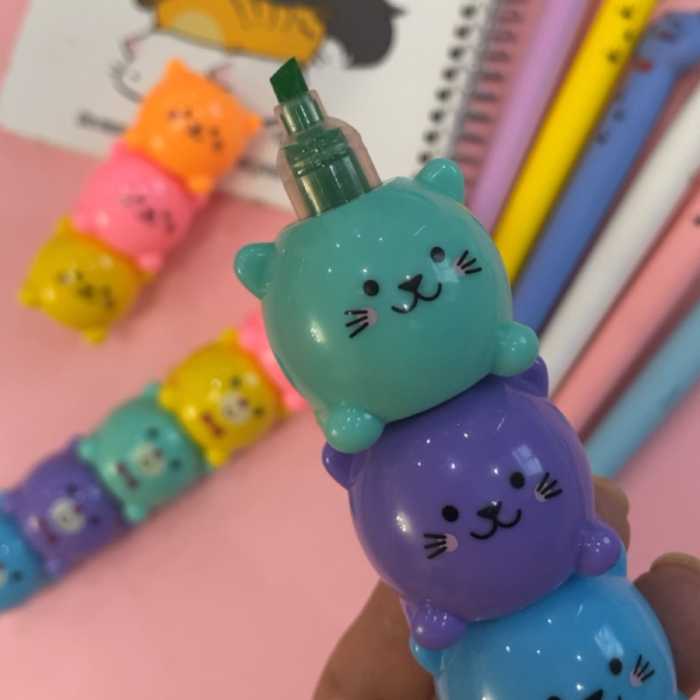 هایلایتر پنج رنگ فانتزی گربه و خرس نازو کیوت برای علامت زدن جزوه و مطالب مهم