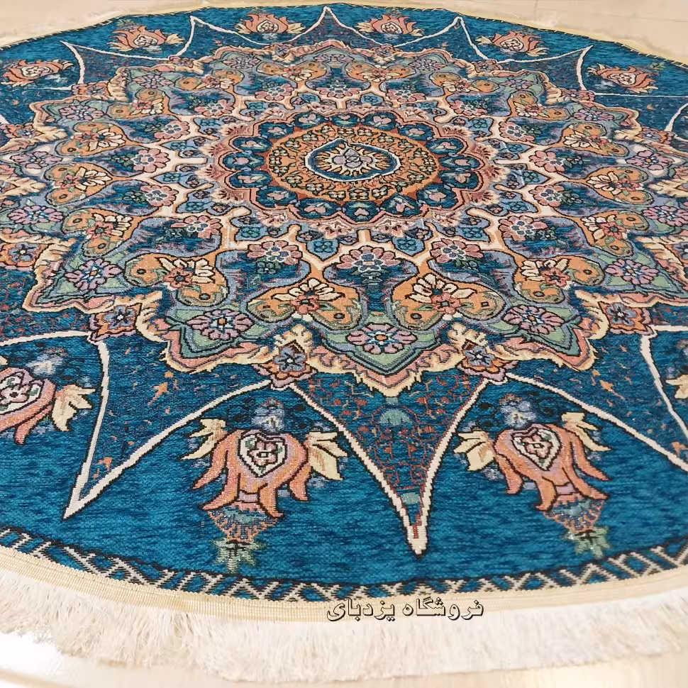 روفرشی مخمل زرکدار گرد طرح خورشیدی رنگ سبزآبی (قطر 1.5 متری)
