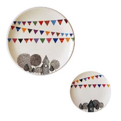 بشقاب دیوارکوب سفالی مدل شهر و ریسه مجموعه 2 عددی