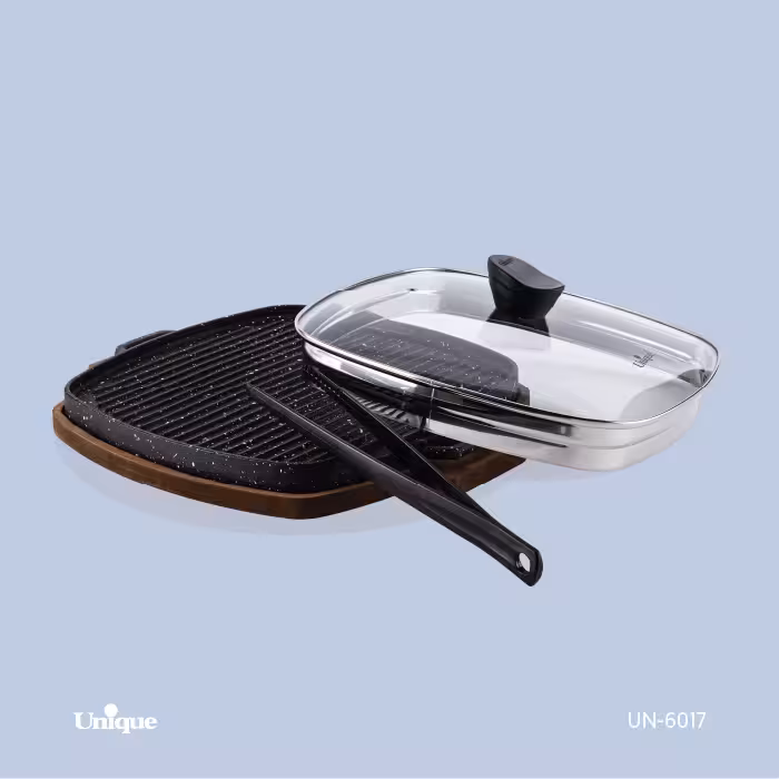 تابه گریل چدن مربع بزرگ با چوب با انبر یونیک کد محصول: UN-6017