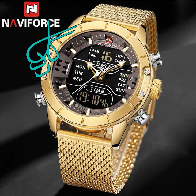خرید ساعت مردانه مارک Naviforce کد9153حصیری ضدآب موتور ژاپن تقویم دار جس بند استیل با کیفیت چراغ دار دو زمانه دارای روز شمار کد 1919644 - ردگل