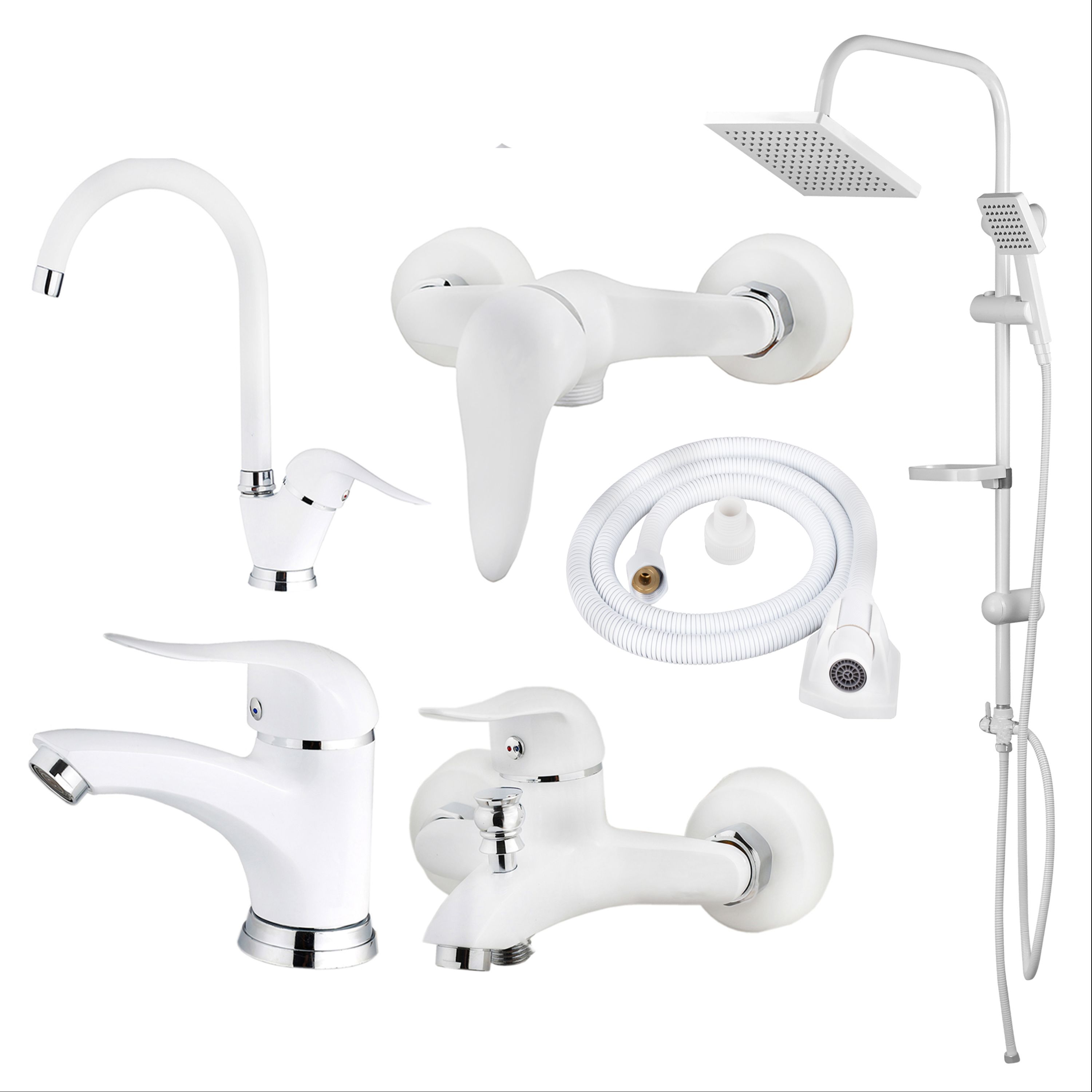 ست شیرآلات رز سفید همراه علم دوش و شلنگ توالت