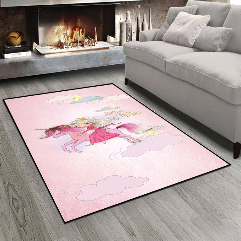 فرشینه طرح دختر پرنسسی سوار بر یونیکورن زمینه صورتی pk-2928a