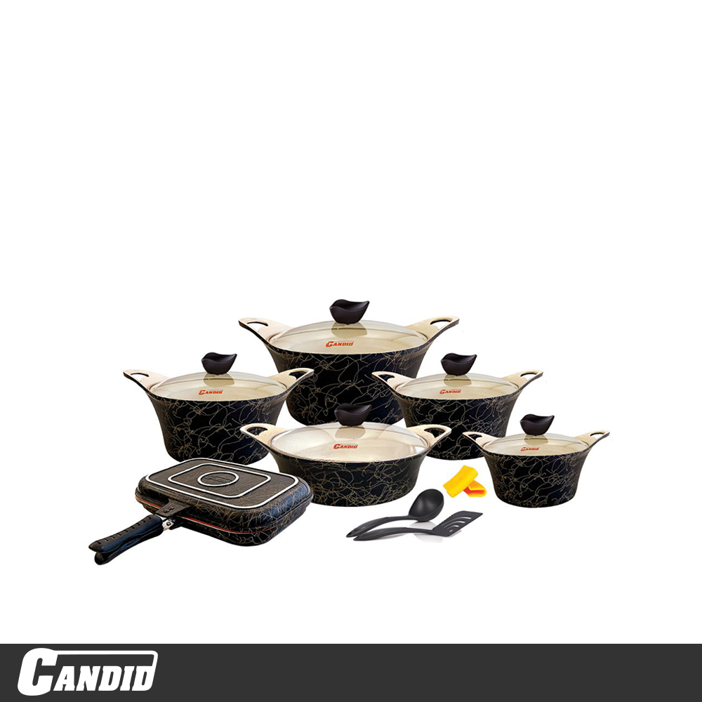 سرویس قابلمه 15 پارچه کاندید مدل کاپری مشکی لاین طلایی