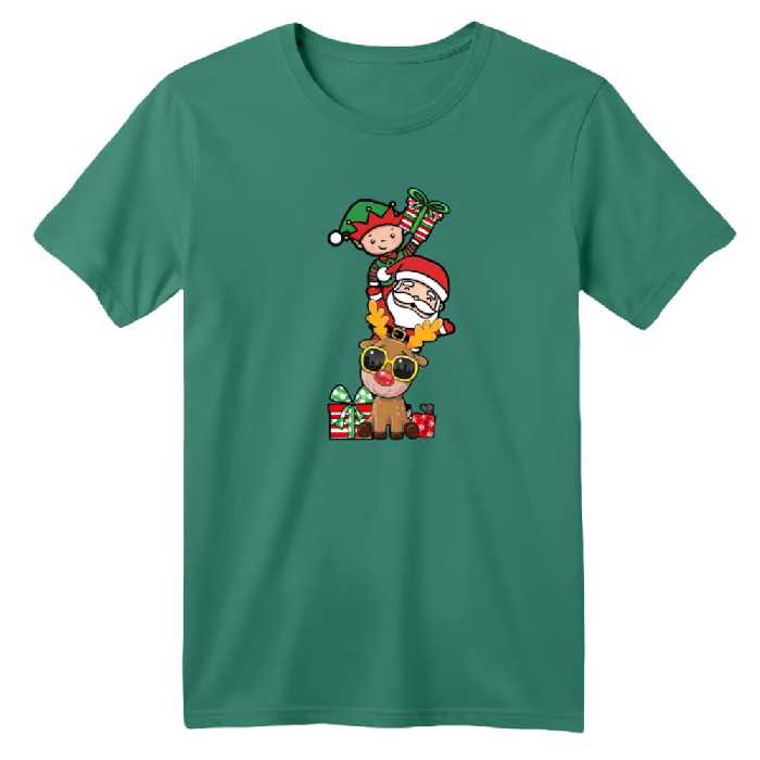 تی شرت آستین کوتاه بچگانه مدل بابانوئل و گوزن کریسمس کد 11 رنگ سبز سدری