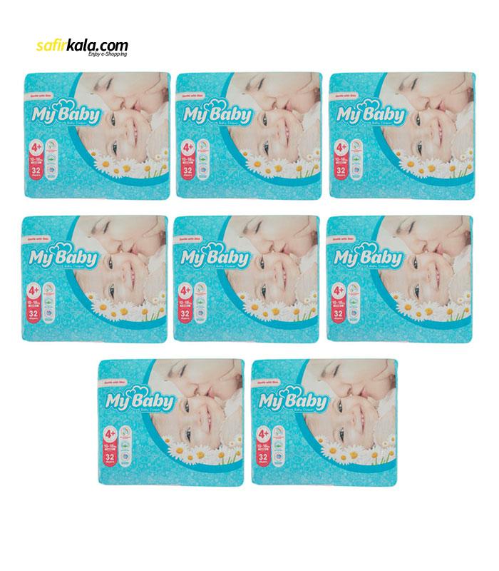 پوشک بچه مای بیبی مدل سری مهربان با پوست سایز 4Plus هشت بسته 32 عددی