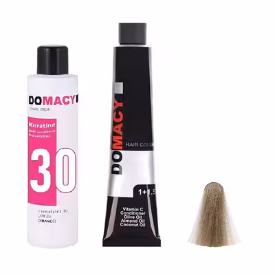 رنگ مو دوماسی شماره 8.1 حجم 120 میلی لیتر رنگ بلوند دودی روشن به همراه اکسیدان کد 02 نه درصدی حجم 180 میلی لیتر