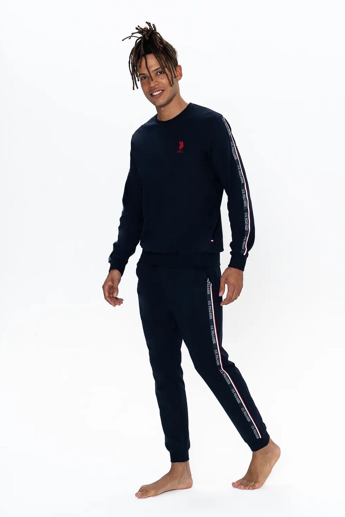 ست پیژامه آبی مردانه US POLO ASSN یقه آستین بلند لباس خانه روزمره US Polo Assn