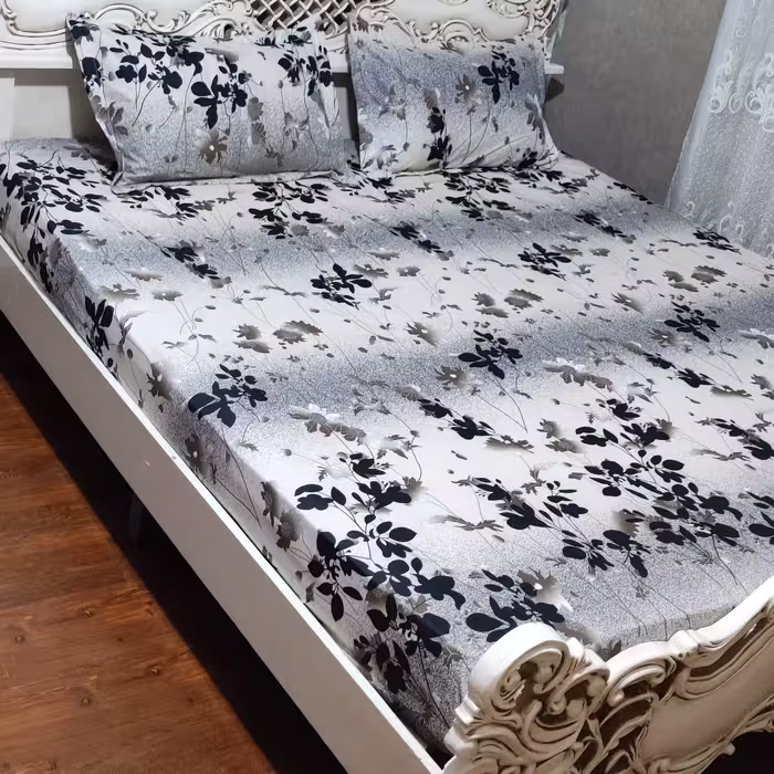 ملحفه دور کش تخت دونفره کرم طوسی