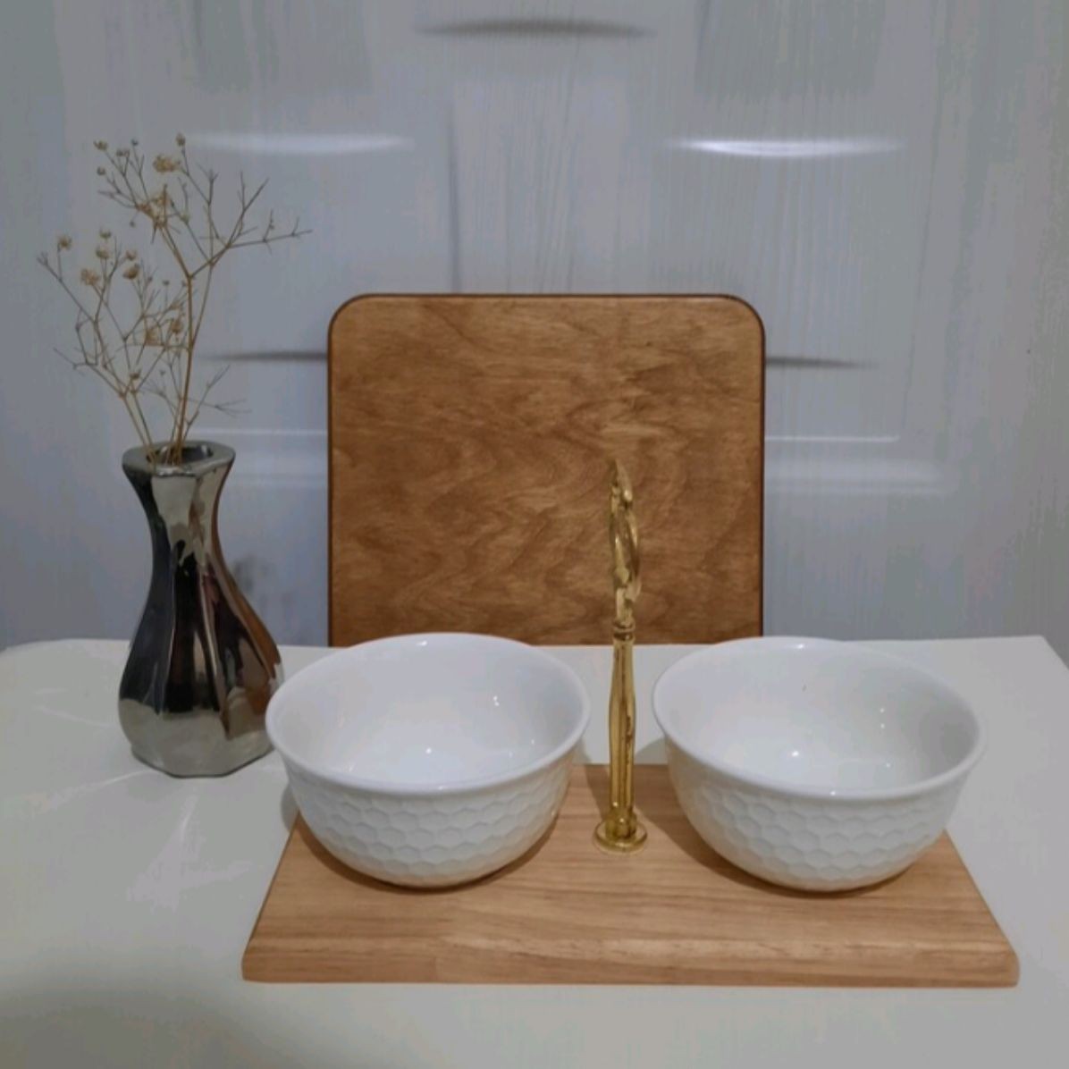 اردوخوری دوپیاله سرامیک با کف چوبی دسته دار