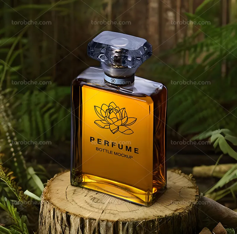 موکاپ شیشه عطر روی چوب | گرافیک با طعم تربچه