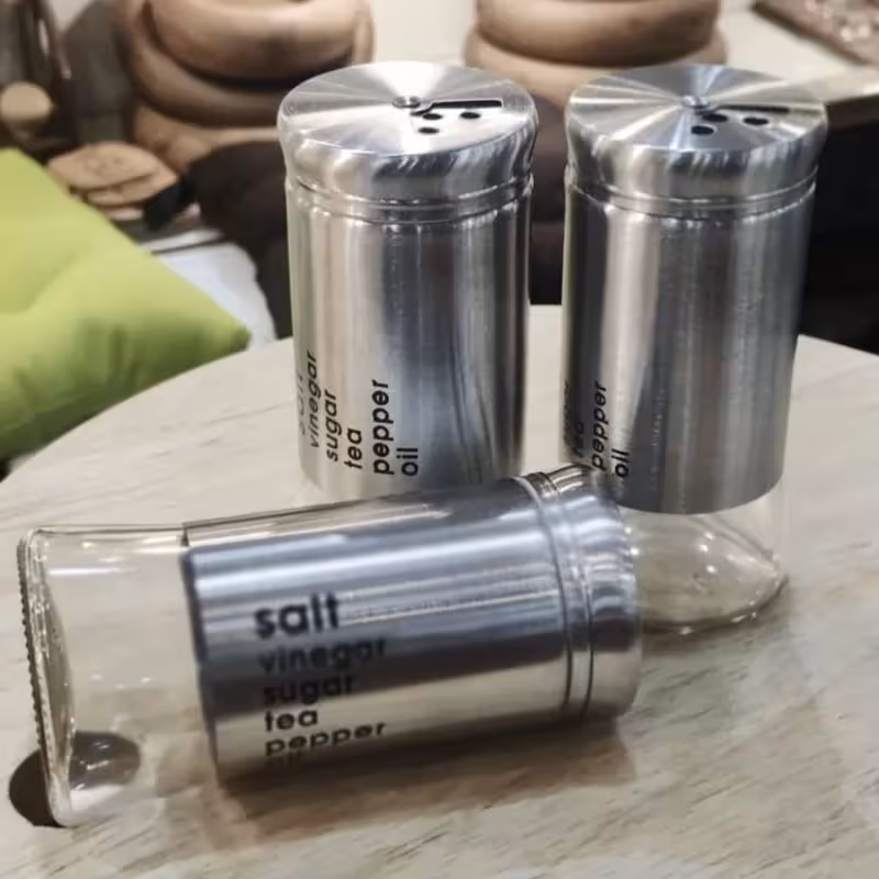 ادویه پاش استوانه ای درب فلزی درب چرخشی سه حالته استیل بدنه شیشه  فروش تکی