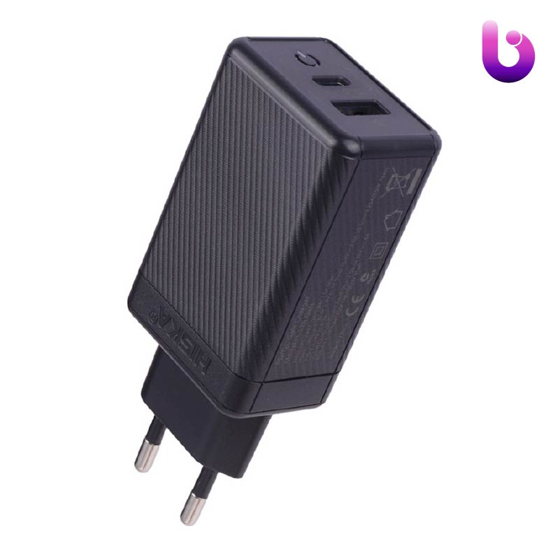 شارژر دیواری فست شارژ Hiska H-126 GaN 2Port QC3.0 PD 5A 65W   کابل تبدیل تایپ سی