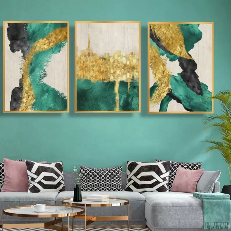 تابلو دکوراتیو  انتزاعی سبز طلایی سه تیکه منظم | دنیای قاب