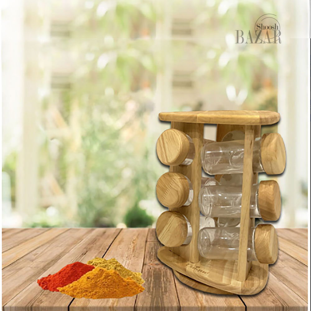 ست جا ادویه 9 تایی گردان ایستاده مثلثی چوبی یونیک کد 6115