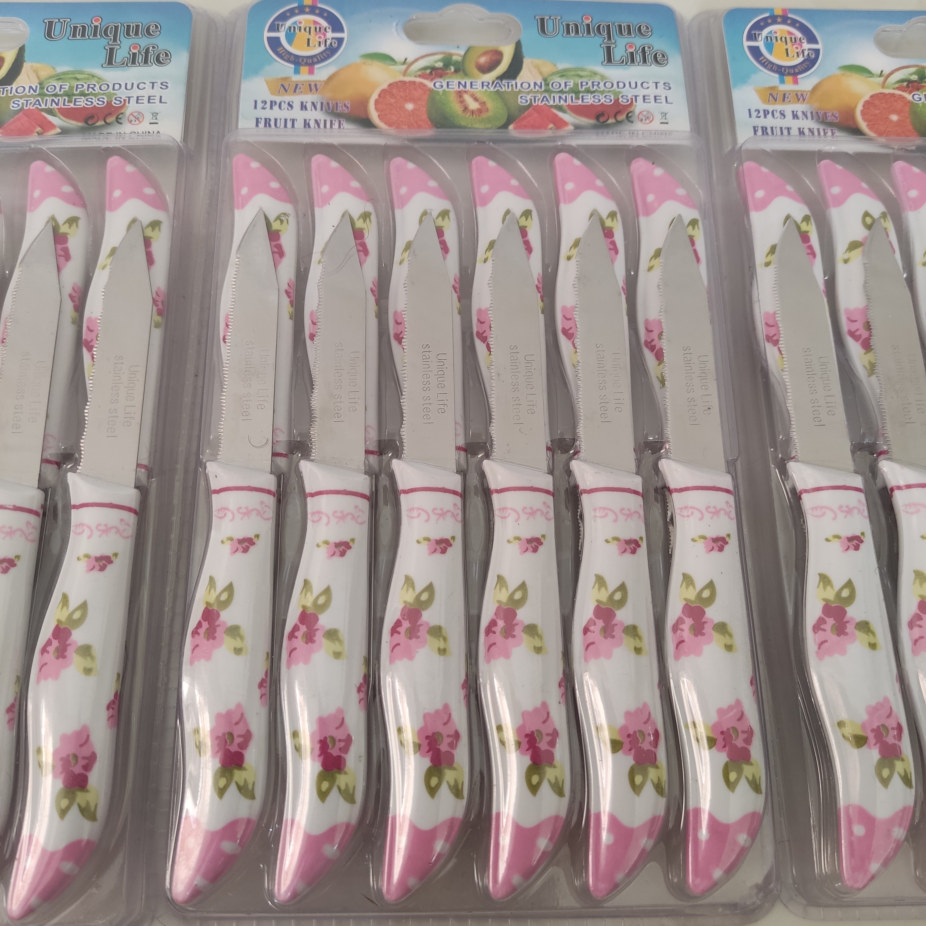 چاقو میوه خوری 12عددی اره ای مارک یونیک لایفUnique life رنگ صورتی (کارد ) تیغه ثابت طول16 سانت 
