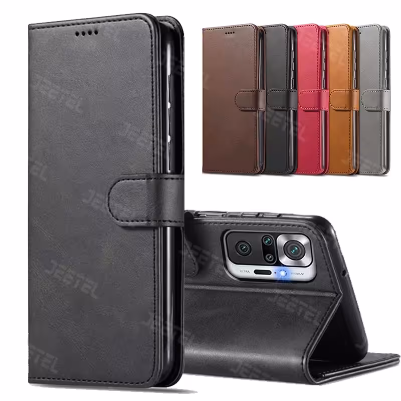 کیف چرمی Xiaomi Redmi Note 10 Pro مدل لپ تاپی جاکارتی دار (محافظ لنزدار)