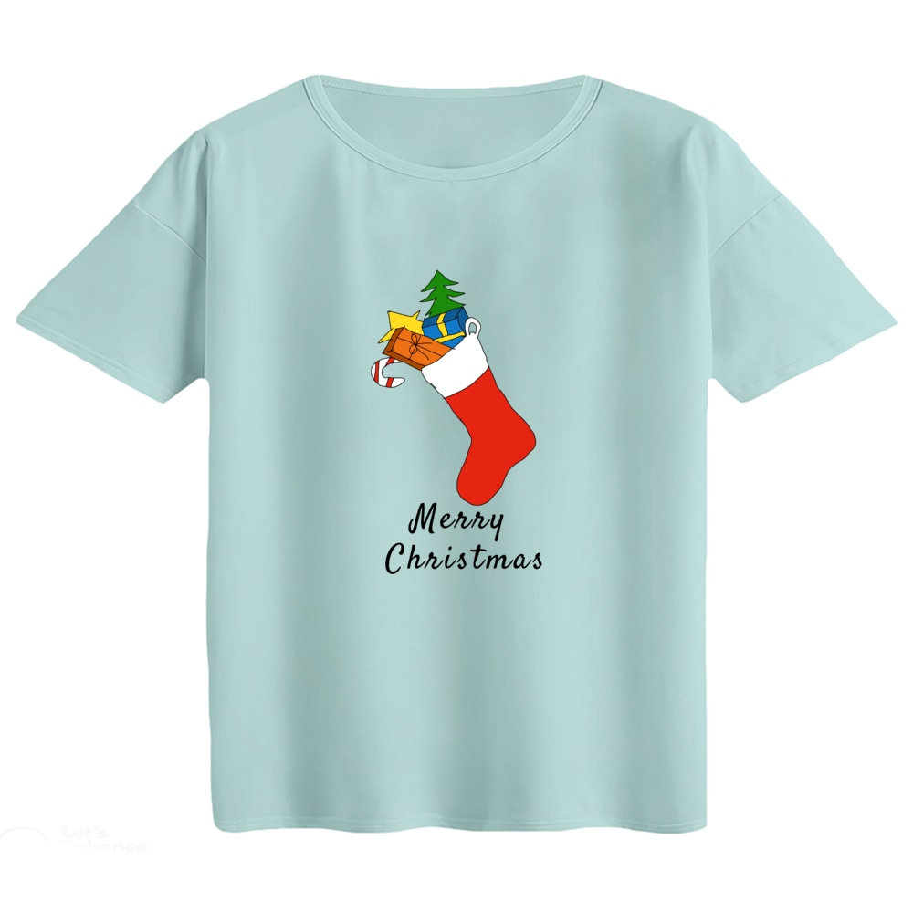 تی‌شرت  اورسایز آستین کوتاه زنانه مدل باکسی طرح جوراب کریسمس رنگ آبی روشن