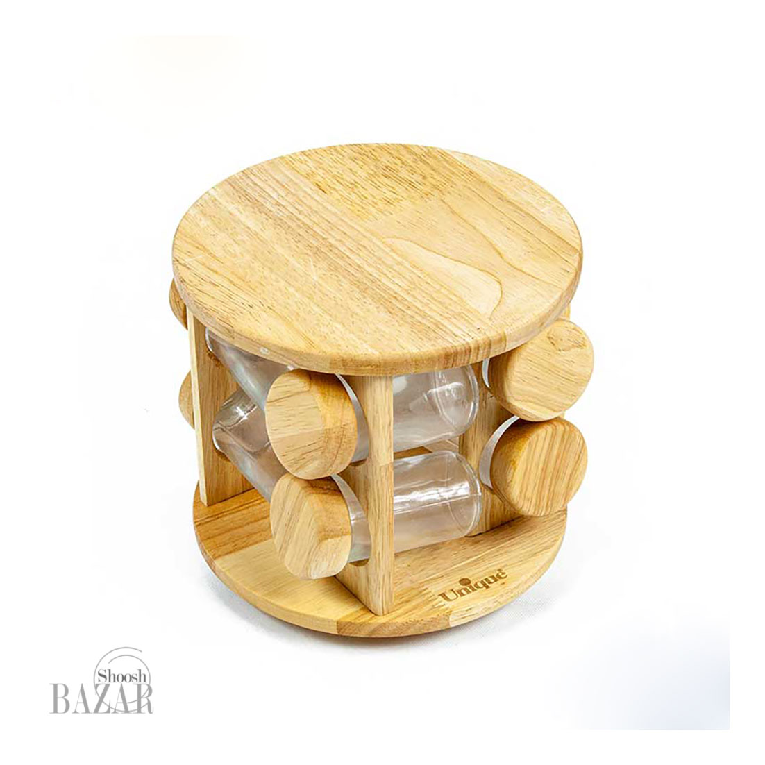 ست جا ادویه 8 تایی گردان ایستاده گرد چوبی یونیک کد 6105