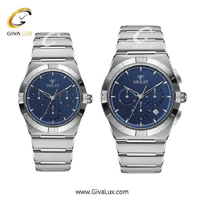 ساعت مچی اورجینال ست ویولت VIOLET سه موتوره کرنوگراف نقره ای | نقره ای| آبی| کد رفرنس مردانه:0614 زنانه:0614
