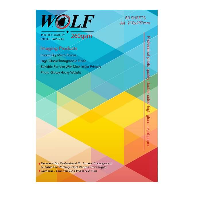 کاغذ فتو گلاسه دورو 260 گرم ولف سایز A4