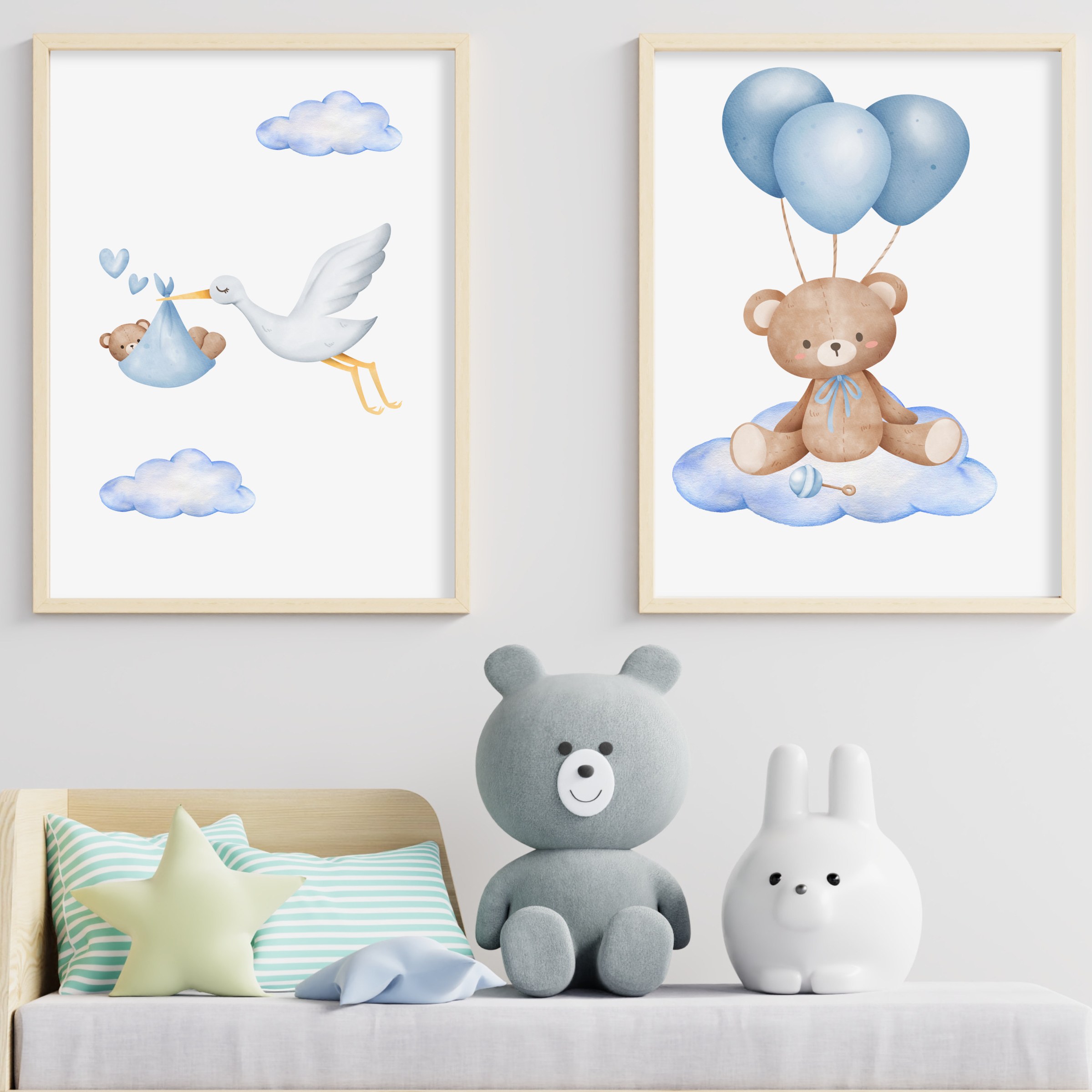 ست 2 تایی تابلو کودک چاپ فانتزی طرح تدی تم آبی مزرعه  کد 260