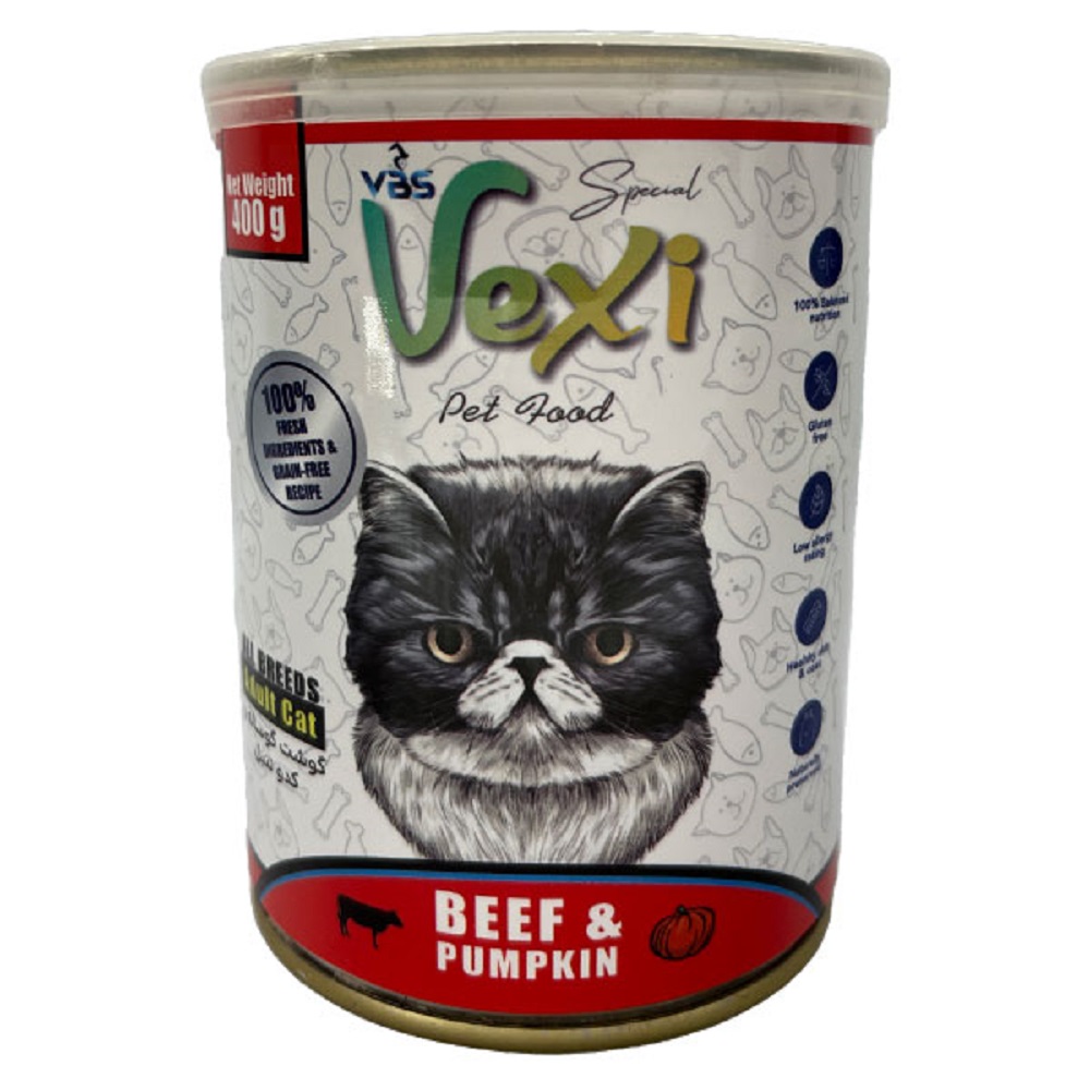 کنسرو گربه بالغ طعم گوشت گوساله و کدو تنبل 400 گرمی وکسی