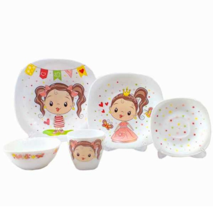 سرویس غذا خوری 5 پارچه کودک پارس اوپال طرح دختر پروانه کد 74