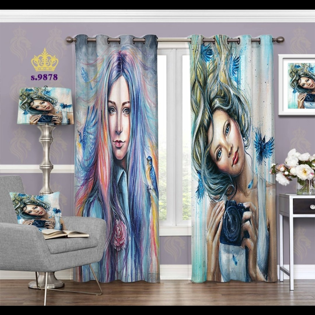 پرده اتاق خواب دخترانه دو قواره طرح چهره کد S9878