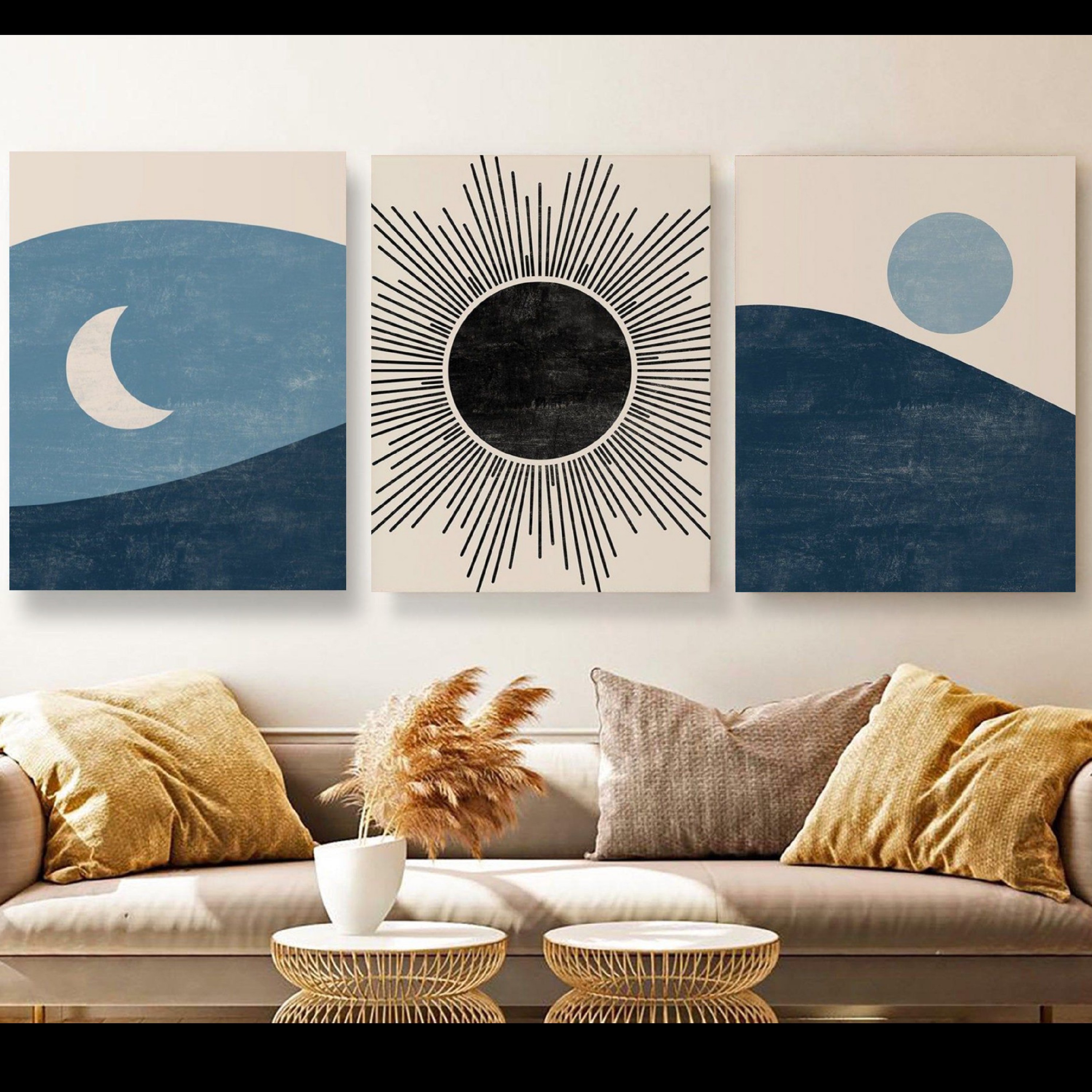 تابلو  ماه و خورشید سه تیکه زیبا و آرامش بخش با کیفیت و با دوام 