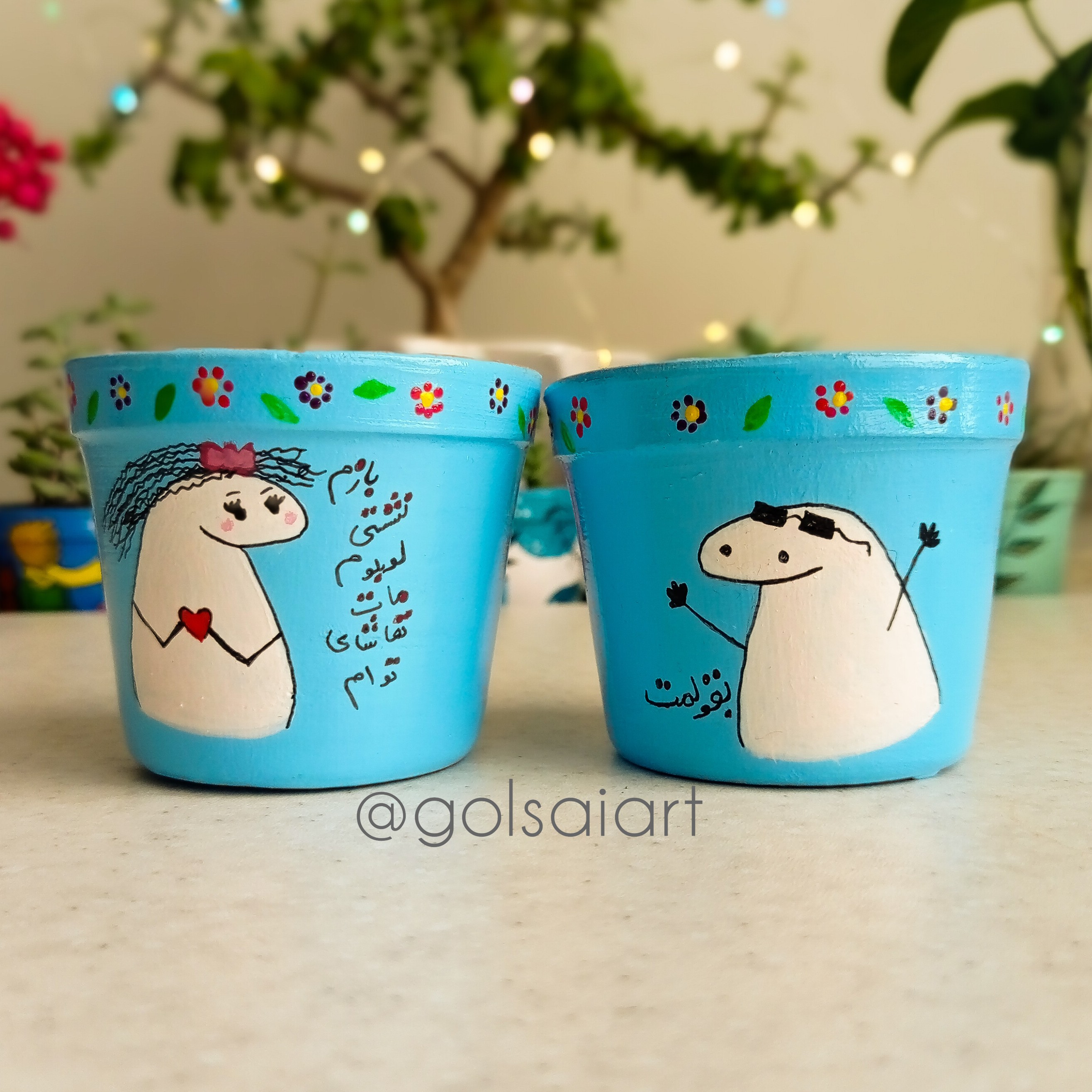  گلدان سفالی طرح فانتزی نقاشی شده و کاردست قابل شستشو سایز 6 سانتی