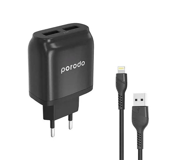 شارژر دیواری پرودو مدل PD-0203LEU-BK به همراه کابل تبدیل لایتنینگ