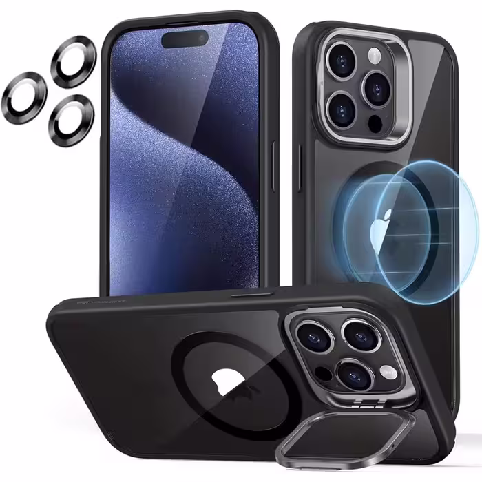 قاب اورجینال IPHONE 15 Pro Max مگ سیف دار مدل Metal Stand   محافظ لنز رینگی ست