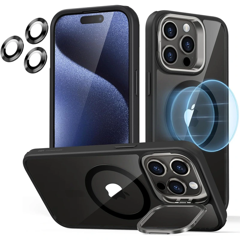 قاب اورجینال IPHONE 15 Pro Max مگ سیف دار مدل Metal Stand   محافظ لنز رینگی ست