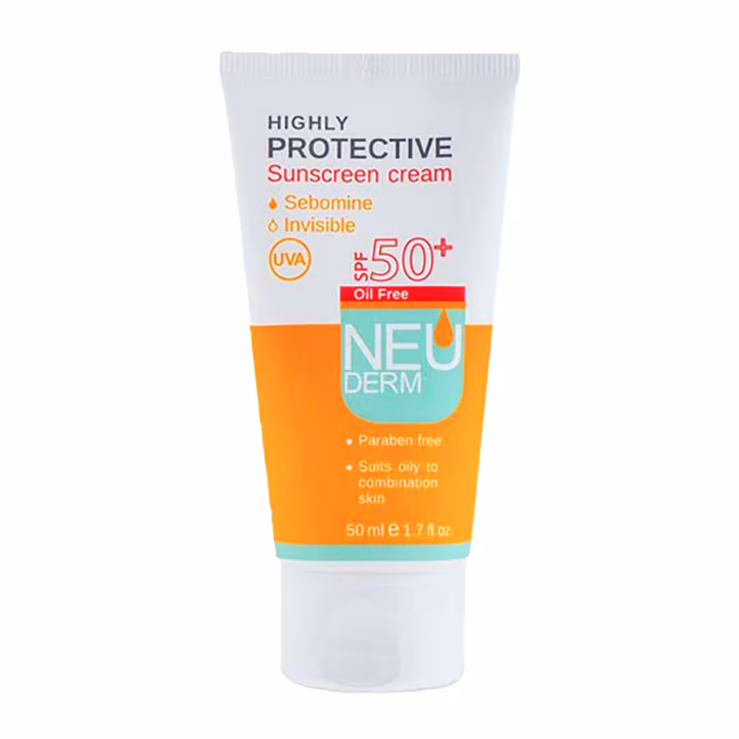 کرم ضد آفتاب فاقد چربی نئودرم مدل Highly Protective بدون رنگ با SPF50 حجم 50 میلی لیتر
