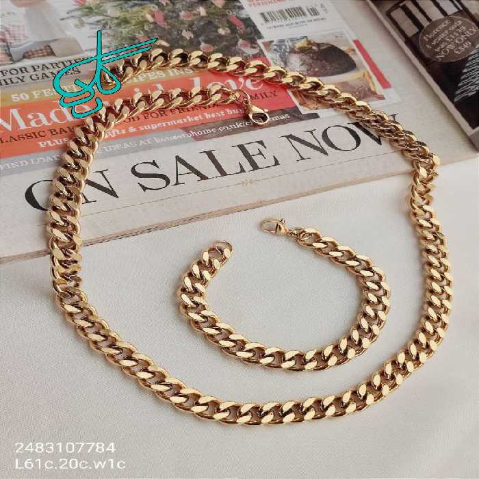 خرید ست زنحیر و دستبند استیل طلایی رنگ ثابت با کیفیت کد 1815547 - ردگل