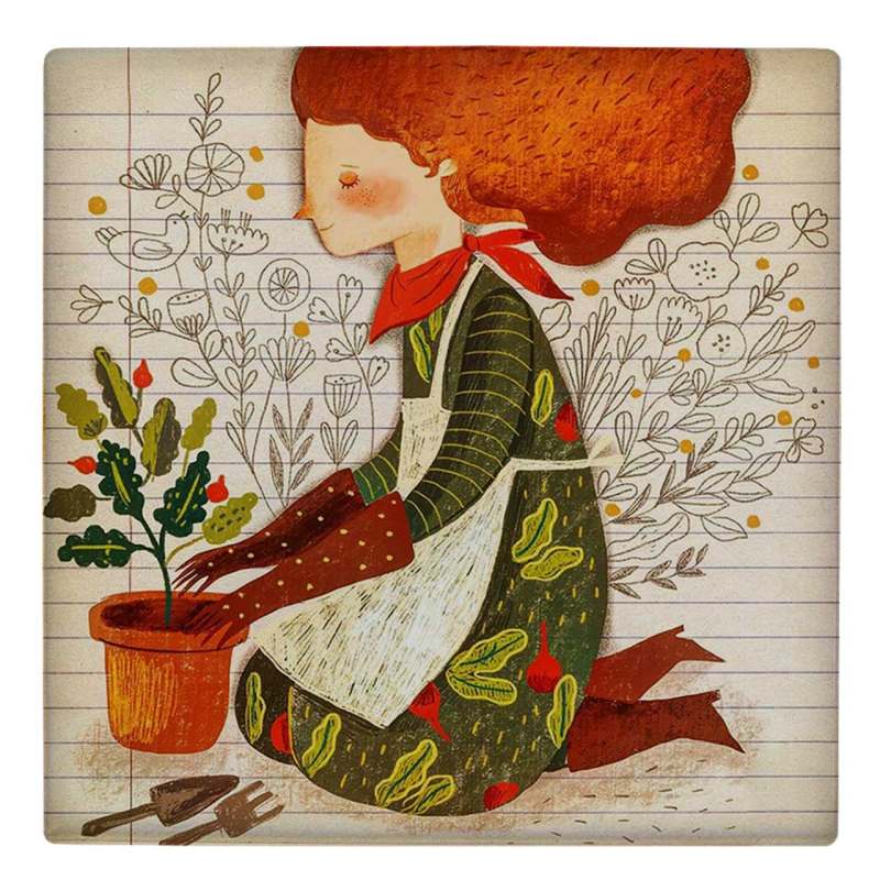 کاشی طرح نقاشی دختر و گلدان گل مدل لوحی BDT18