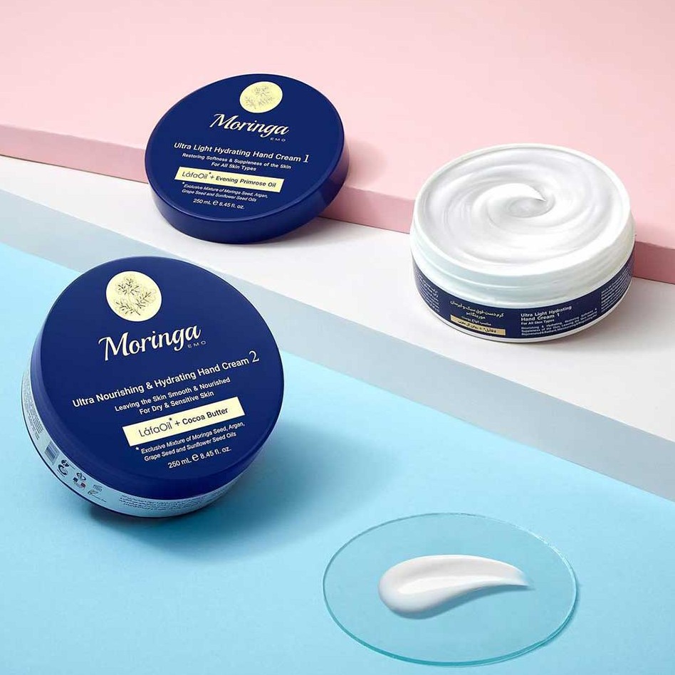 کرم دست کاسه ای فوق سبک و آبرسان مورینگا مناسب انواع پوست حاوی روغن آرگان 250 میل