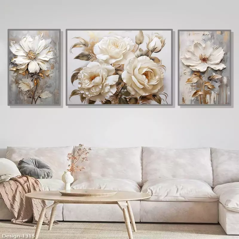 تابلو دکوراتیو  گل های سفید طلایی آبستراکت دو سه تیکه نامنظم | دنیای قاب
