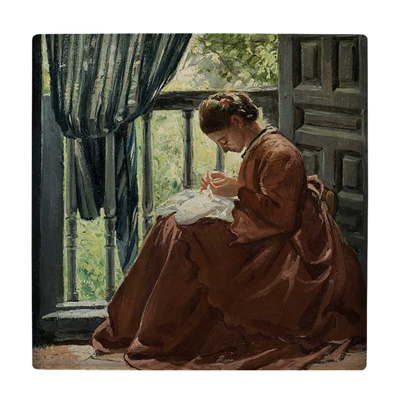  زیر لیوانی  طرح نقاشی بانوی خیاط کد    5881574_4496