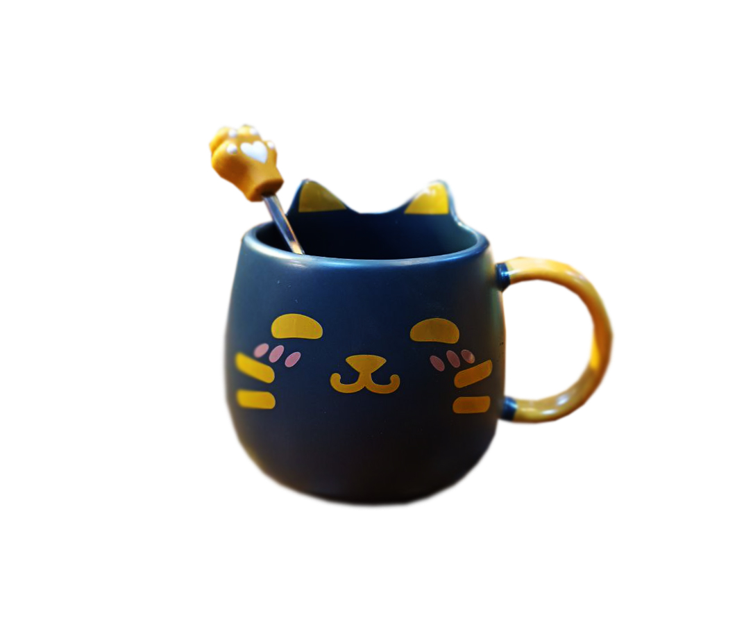 ماگ سرامیکی با قاشق طرح گربه سرمه ای کد 9523