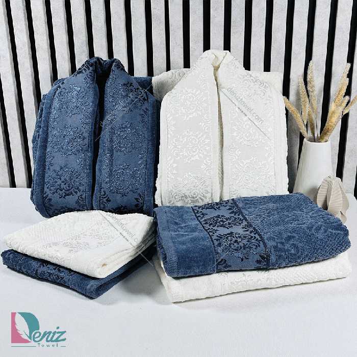 حوله ست دو نفره ژاکارد رنگ نوک مدادی و شیری