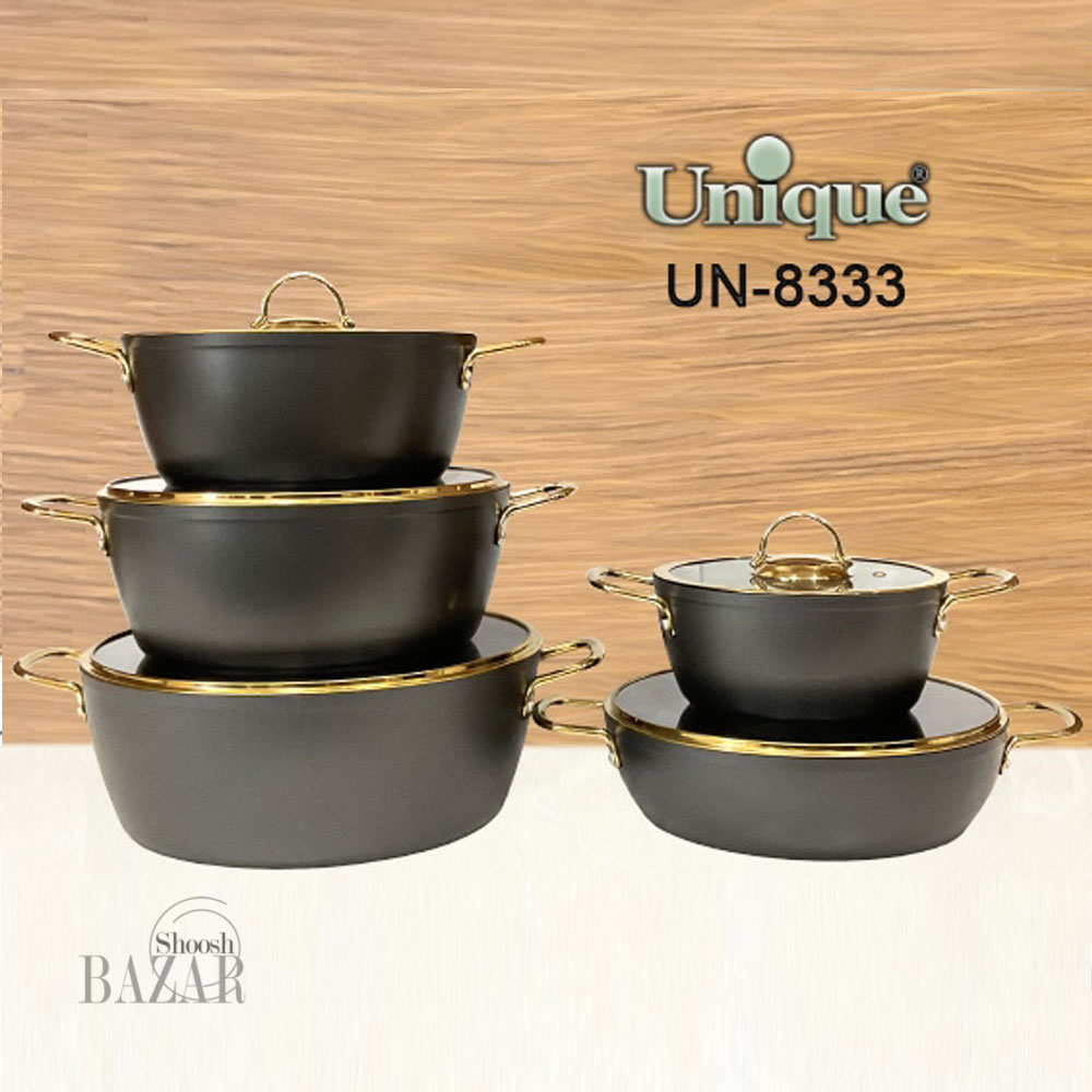 سرویس قابلمه 10پارچه طوسی درب فلت طلایی یونیک کد 8333